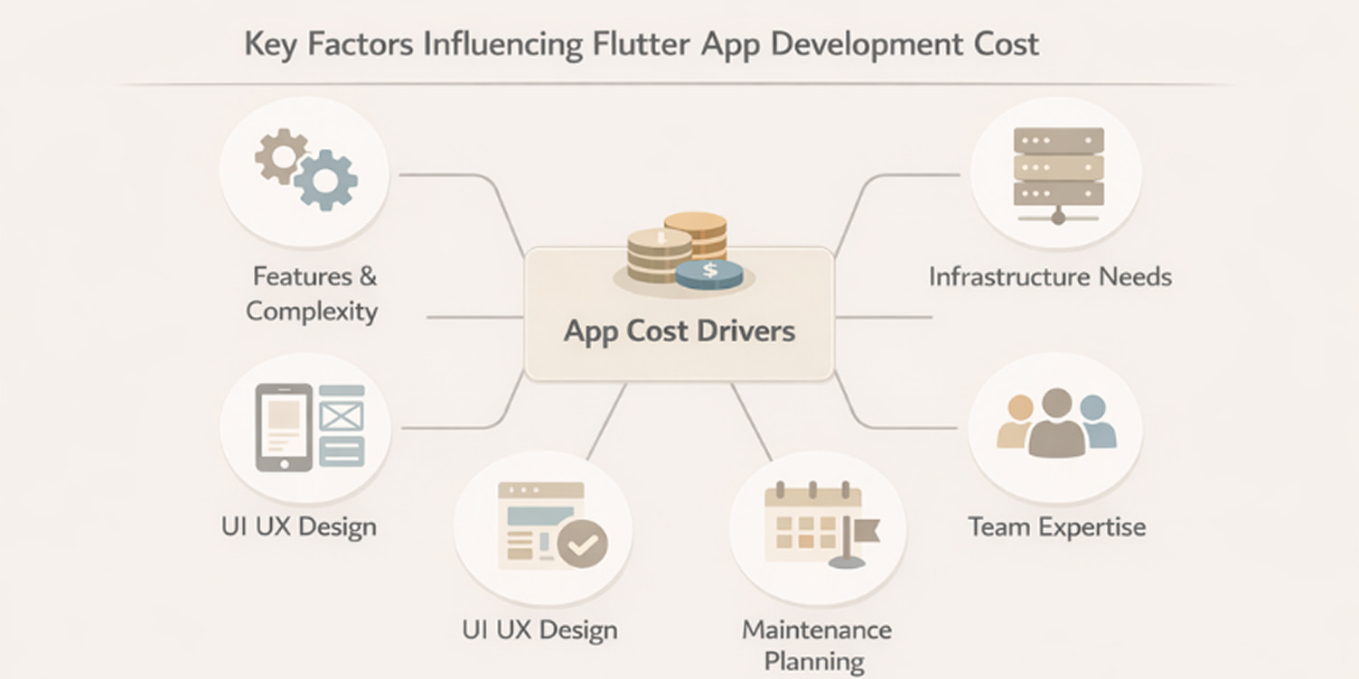 An image that represent Key Factors That Influence Flutter App Development Cost